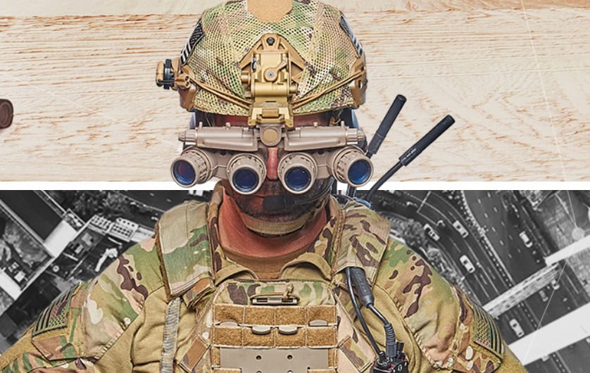 Split image of two soldiers in camouflage gear; top shows a helmet with night-vision goggles, bottom shows a frontline soldier in a tactical vest against an urban backdrop.