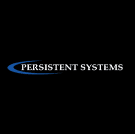 Persistent Systems logo with a blue curved arc on a black background