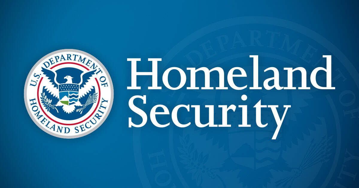 U.S. Department of Homeland Security seal next to the text 'Homeland Security' on a blue gradient background.