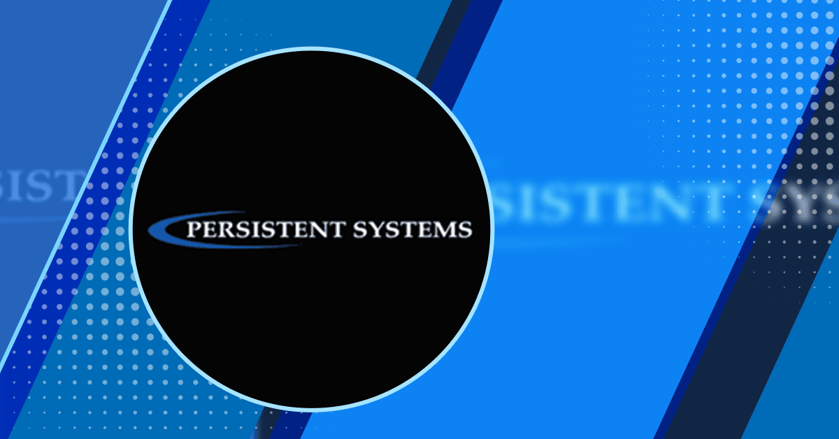 Persistent Systems logo displayed on a black circular badge with a blue swoosh on a blue abstract background.