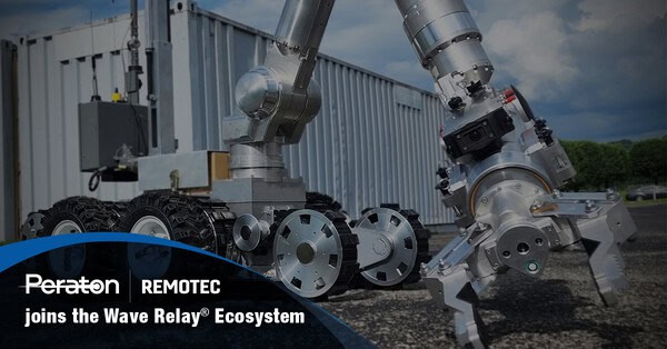 Robotic inspection rover with tracks and an articulated arm beside a cargo container, featuring Peraton Remotec branding about the Wave Relay Ecosystem.