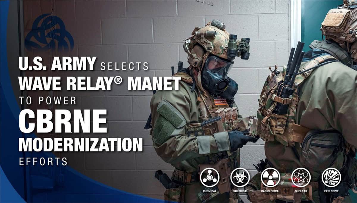 Promotional image of two soldiers in full gear with text about CBRNE modernization and mission icons at the bottom (chemical, biological, radiological, nuclear, explosive).