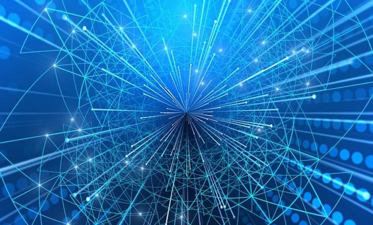 Abstract blue network with radiating lines converging at a center hub, representing data connectivity and communication. 0 (technological network visualization)
